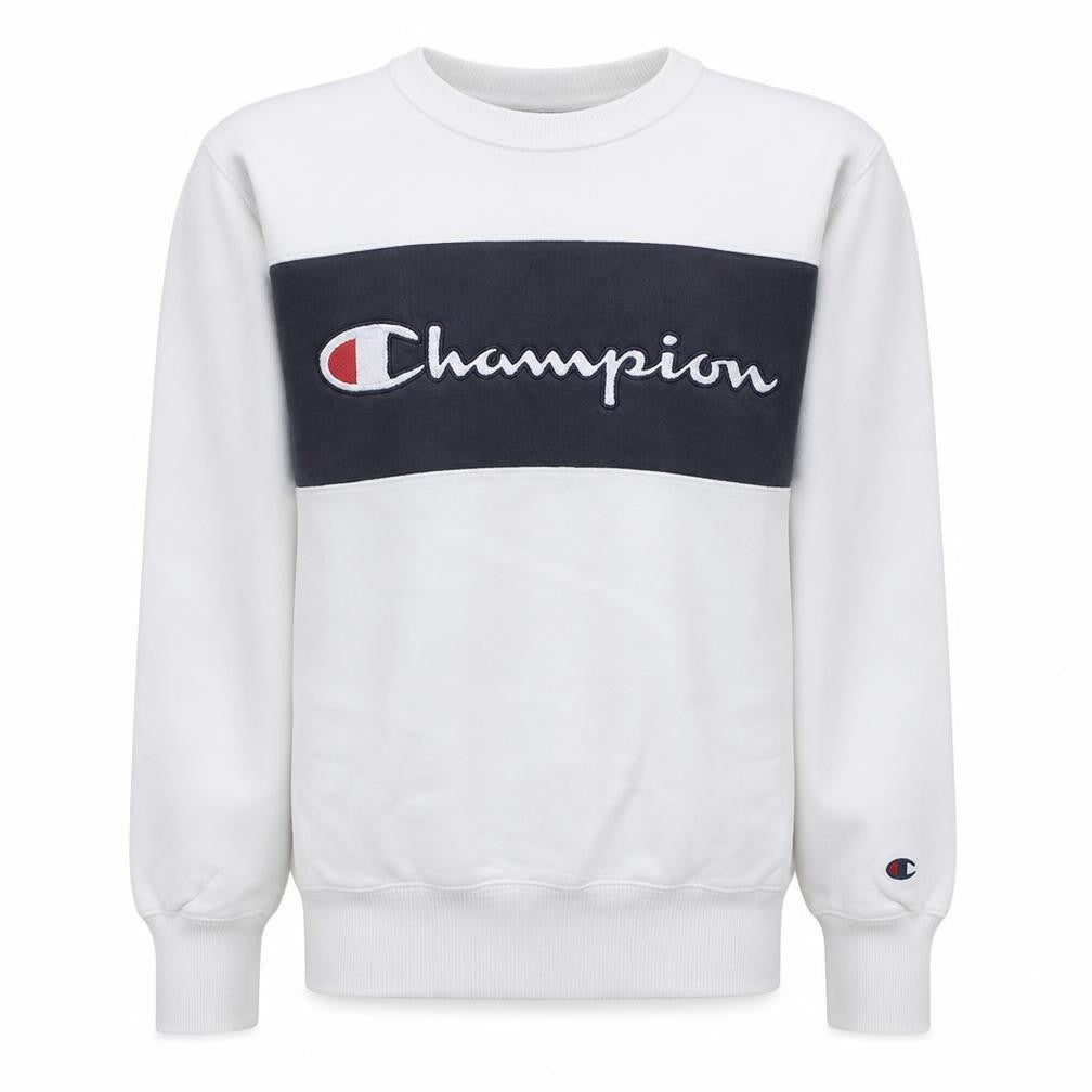 Front view of Champion Men's White XS Pullover Sweatshirt Crew Neck Logo Sports Style