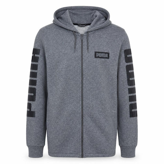 Front view of Puma Men’s Grey Full Zip Hoodie, size S, Logo Graphic Sportswear