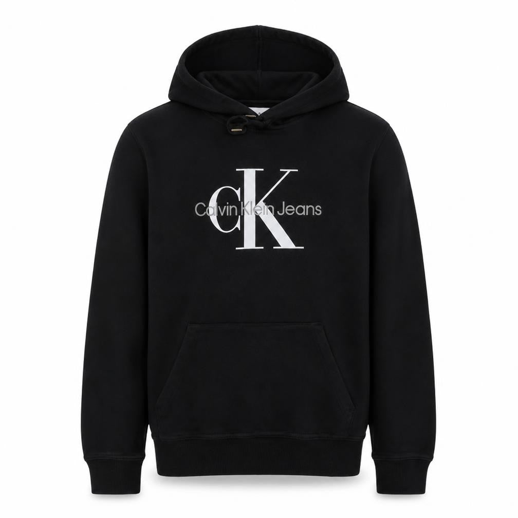 Front view of Calvin Klein Jeans Men's Black L Pullover Hoodie with Logo
