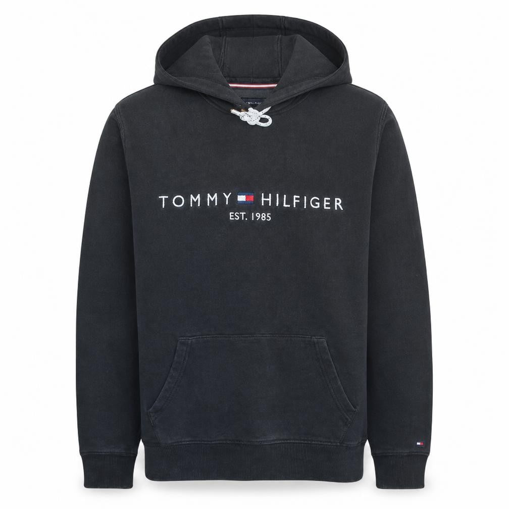 Front view of Tommy Hilfiger Men's Black Pullover Hoodie M Organic Cotton
