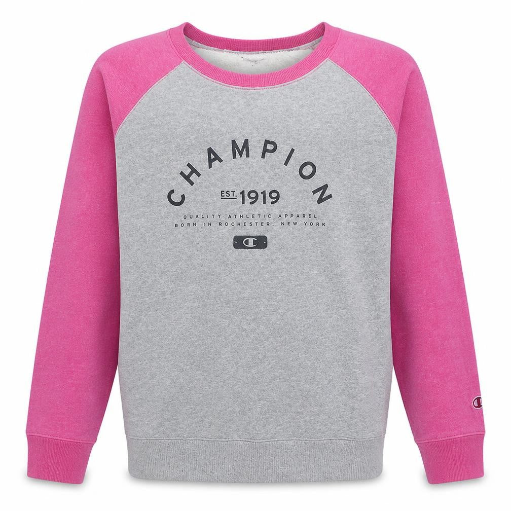 Front view of Champion unisex grey pink 2xl pullover crew neck sweatshirt