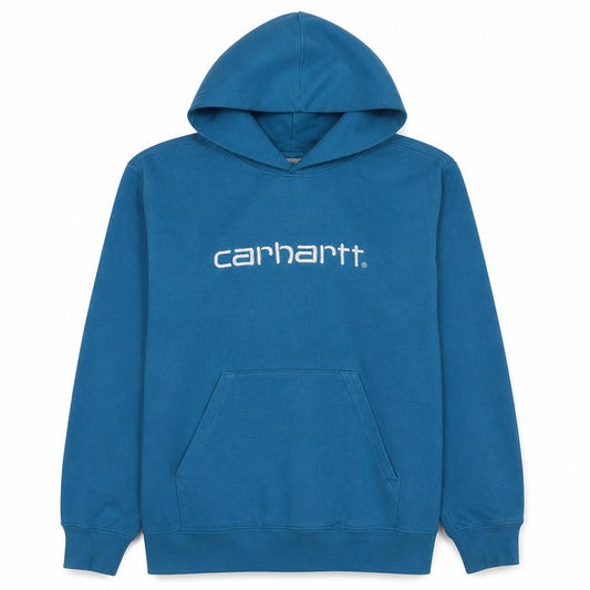 Front view of Carhartt Men's Blue Pullover Hoodie, size M, Logo Streetwear Sweatshirt