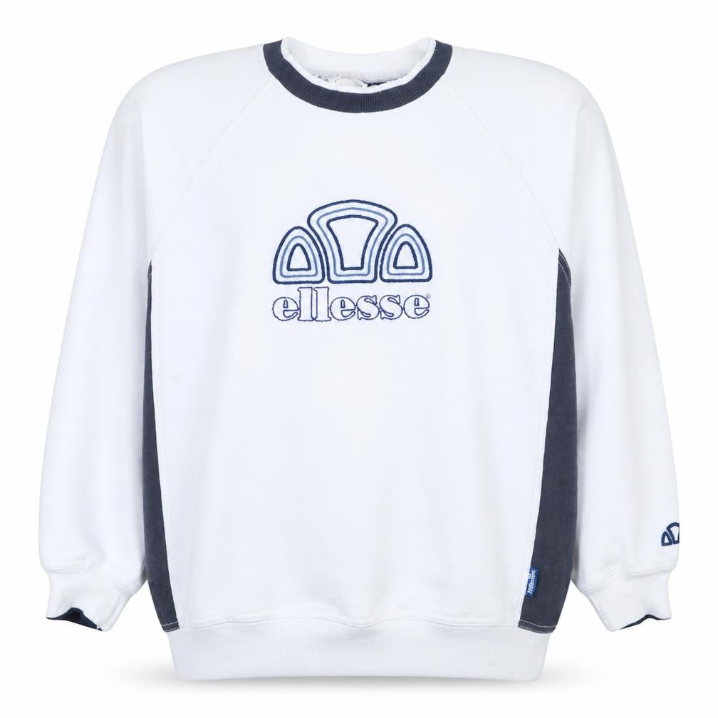 Front view of Ellesse men’s white logo pullover sweatshirt, size L