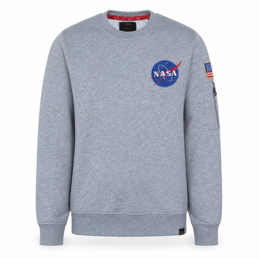 Front view of Alpha Industries Men's Grey NASA Crew Neck Sweatshirt, size S