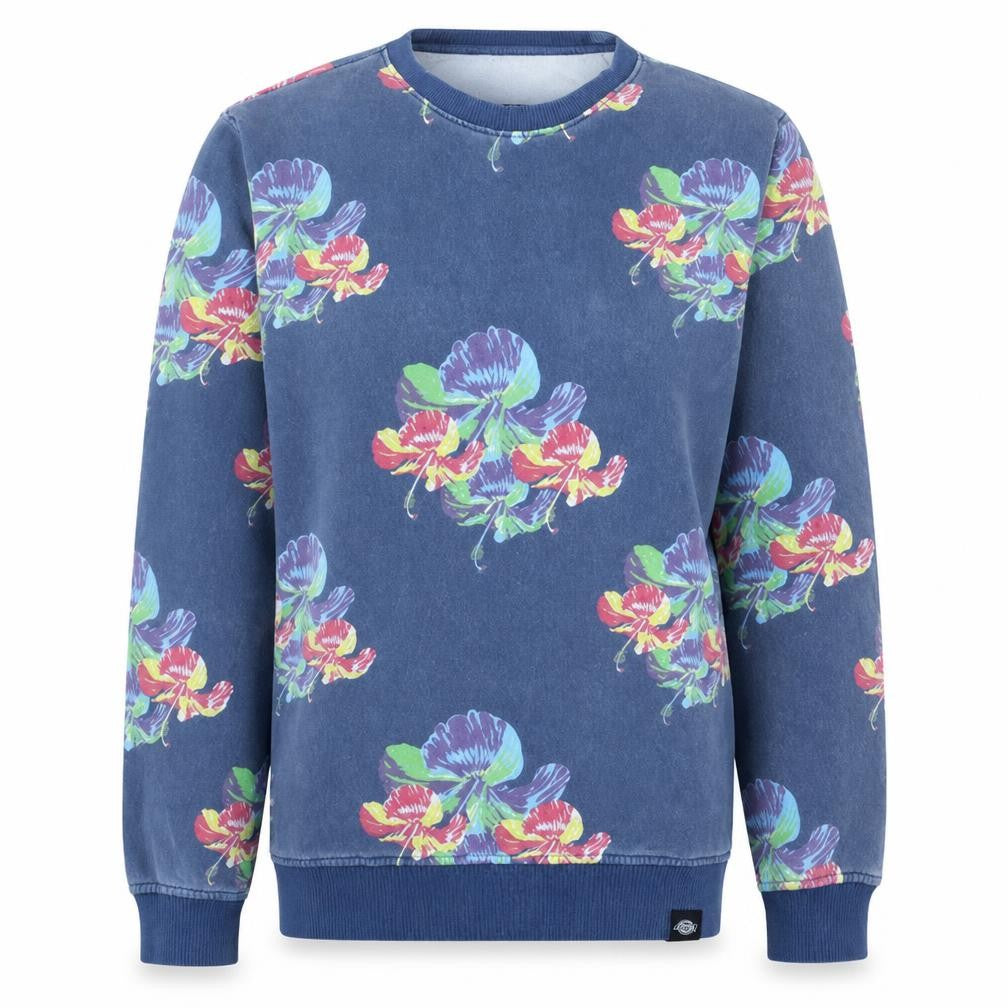 Front view of Dickies men’s blue floral crew neck cotton sweatshirt, size M