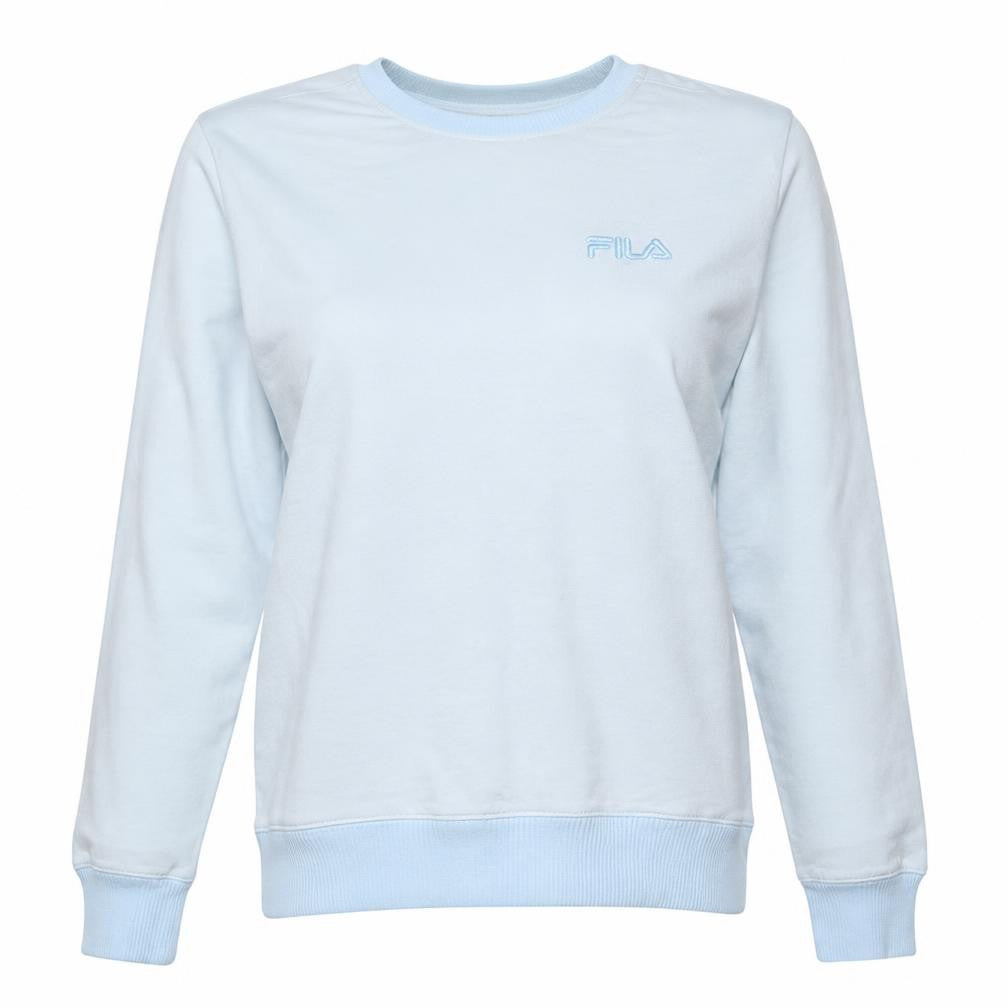 Front view of Fila women’s light blue crew neck pullover sweatshirt, size L