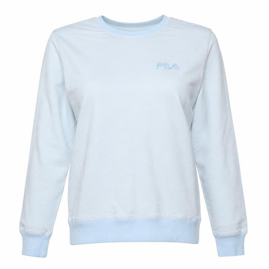 Front view of Fila women’s light blue crew neck pullover sweatshirt, size L