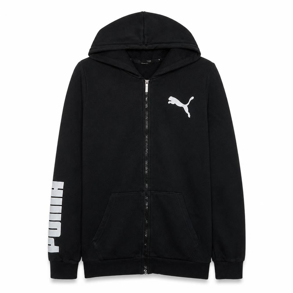 Front view of Puma women’s black l full zip hoodie with logo print