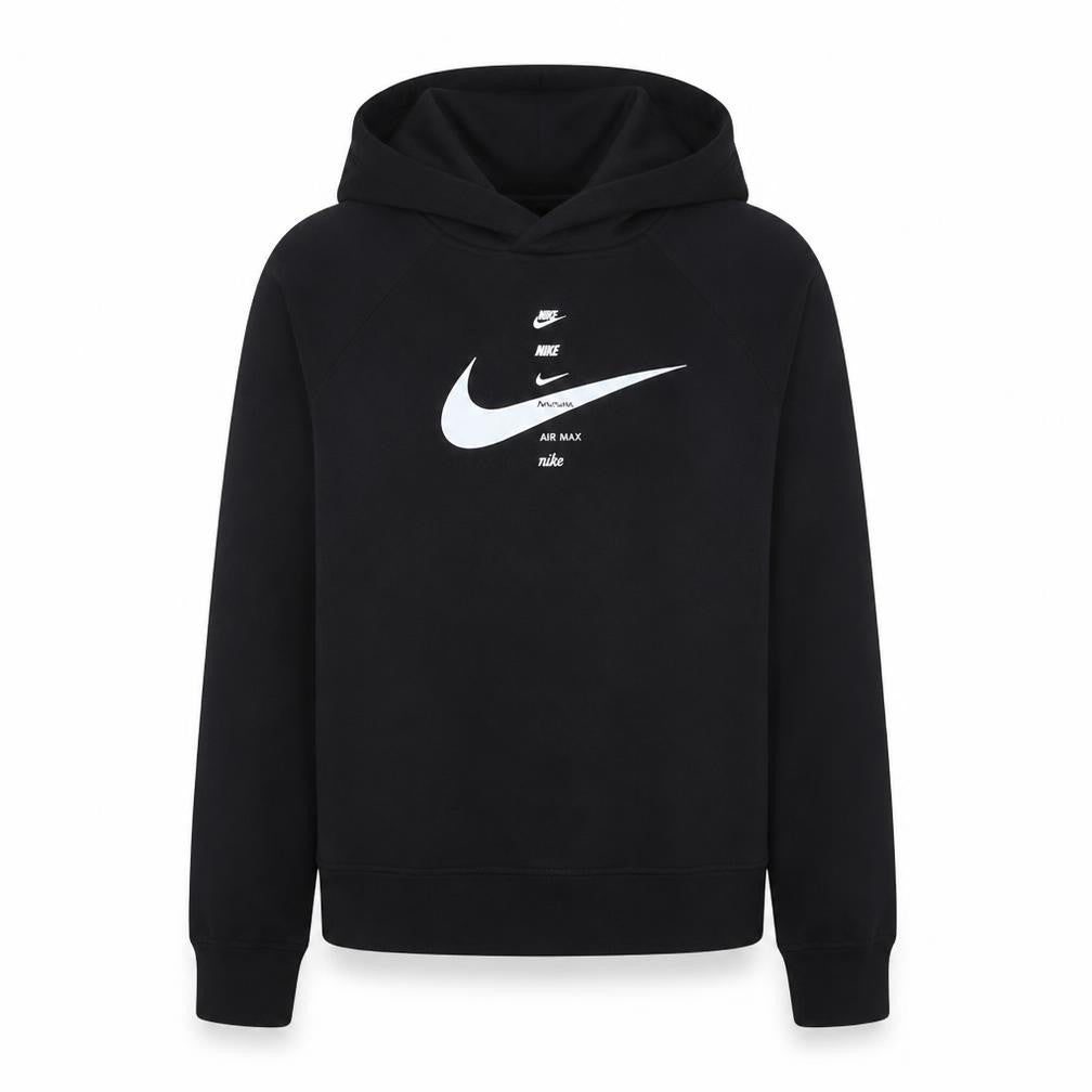Front view of Nike women’s black large pullover hoodie with logo print