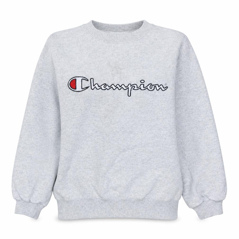 Front view of Champion women’s grey small pullover sweatshirt logo crew neck