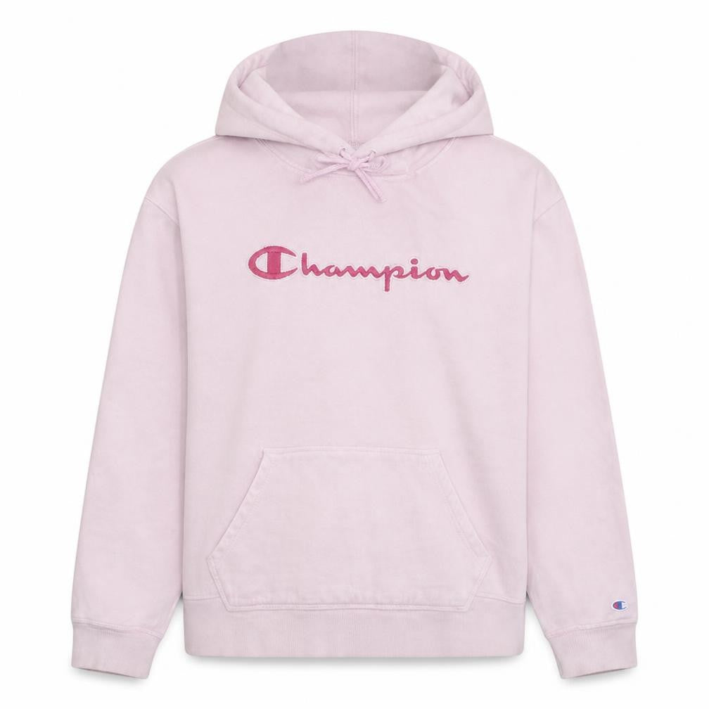 Front view of Champion Women's Pink Pullover Hoodie L Fleece Logo Sweatshirt