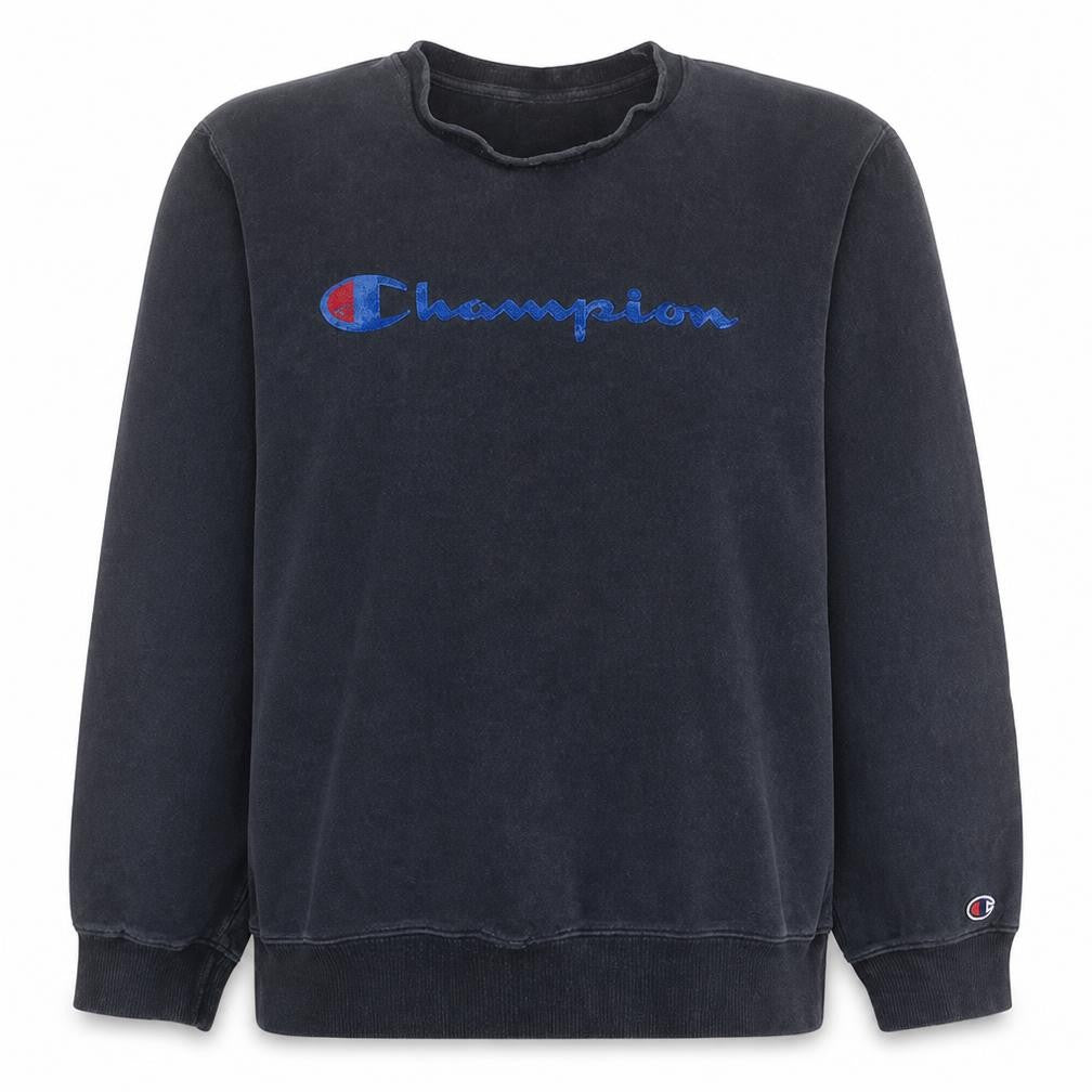Front view of Champion women’s black xl pullover sweatshirt crew neck logo casual