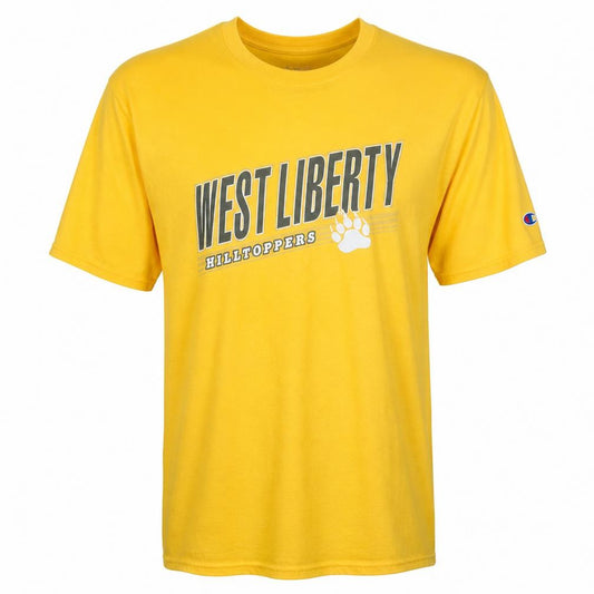 Front view of Champion Men’s Yellow West Liberty Hilltoppers Graphic T-Shirt XL