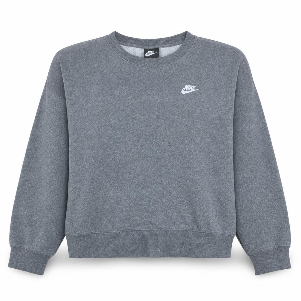 Front view of Nike women’s grey crew neck sweatshirt, size 2XL, cotton blend logo