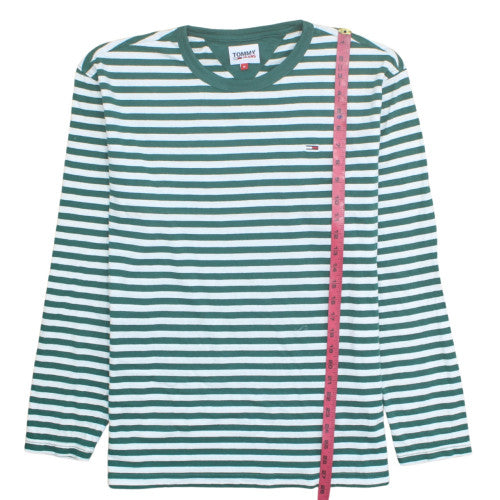 Tommy Jeans Men's Green White Striped Long Sleeve Cotton T-Shirt XL