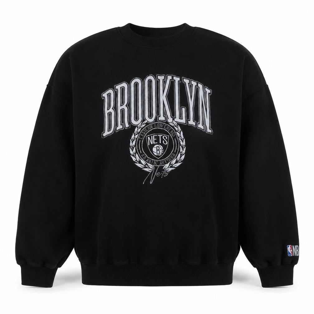 Front view of NBA Brooklyn Nets Men's Black Sweatshirt Medium Embroidered Pullover