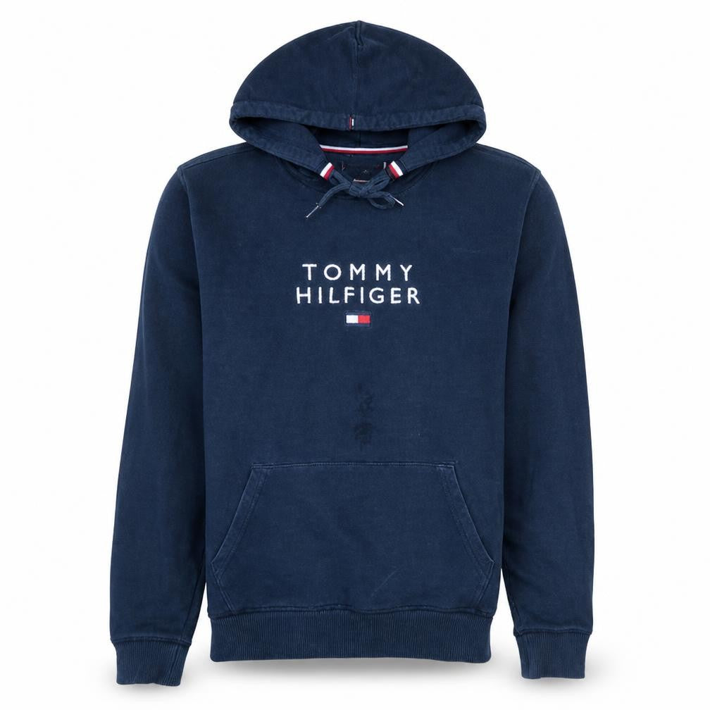 Front view of Tommy Hilfiger Men’s Blue Embroidered Logo Pullover Hoodie M