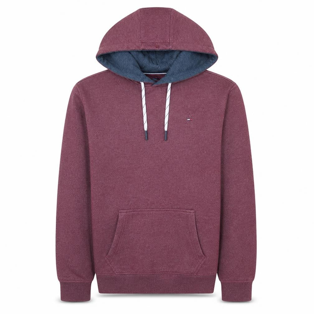 Front view of Tommy Hilfiger Men Burgundy Hoodie S Pullover Fleece Cotton Blend