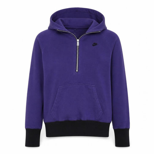 Front view of Nike women’s purple 1/2 zip hooded sweatshirt, size L, cotton