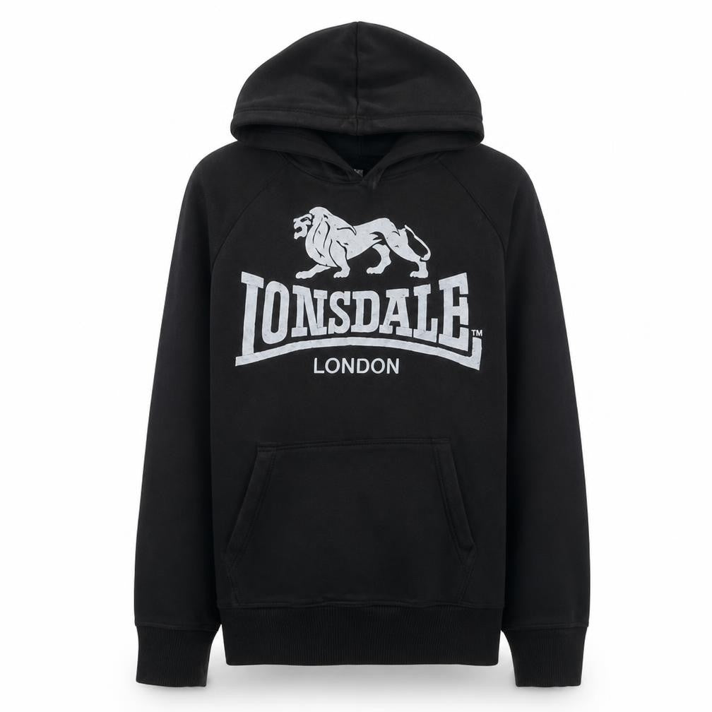 Front view of Lonsdale Men's Black Pullover Hoodie Small Graphic Logo Sweatshirt