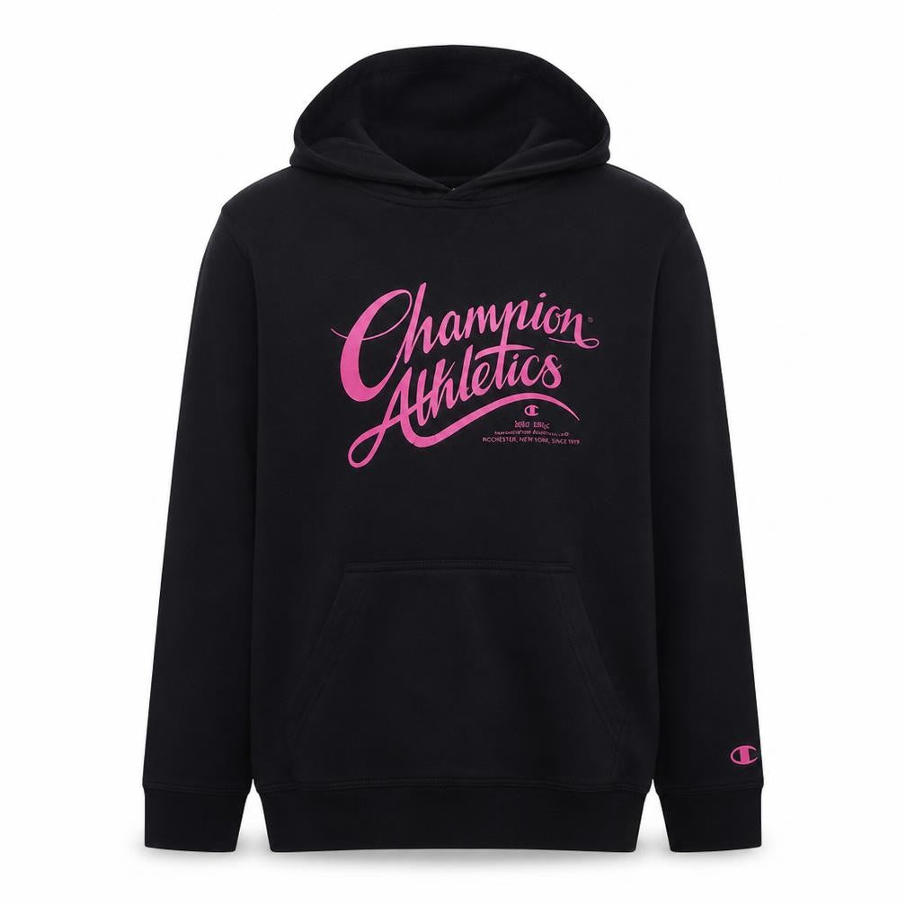 Front view of Champion men’s black xl pullover hoodie graphic logo sweatshirt