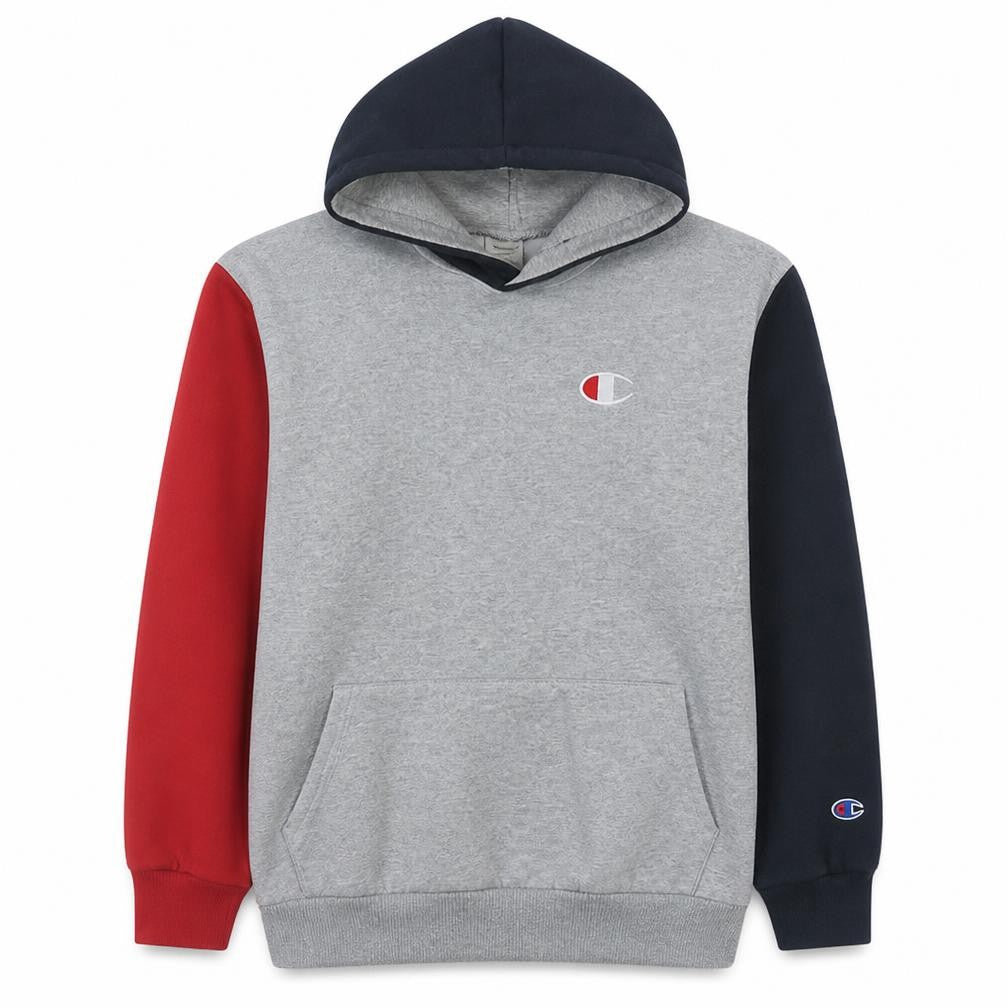 Front view of Champion men’s grey colourblock pullover hoodie small