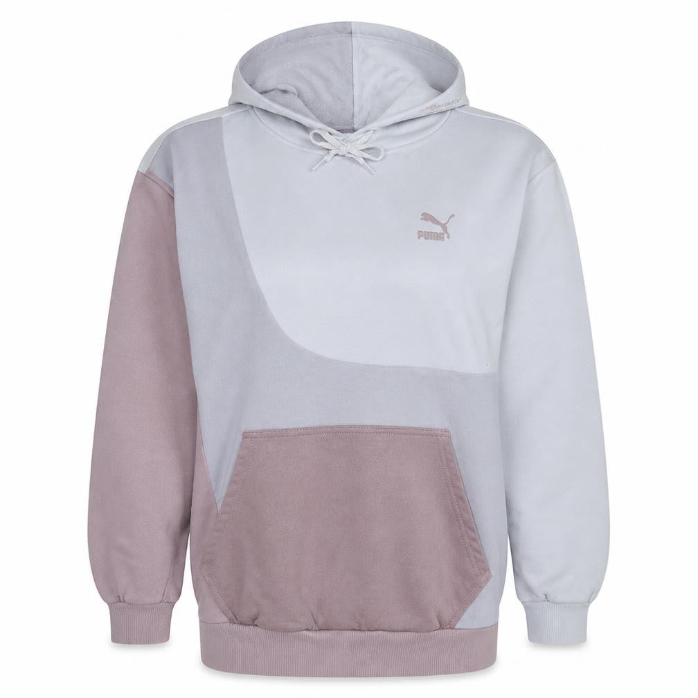 Front view of Puma women’s multicoloured pullover hoodie, size M, colourblock cotton