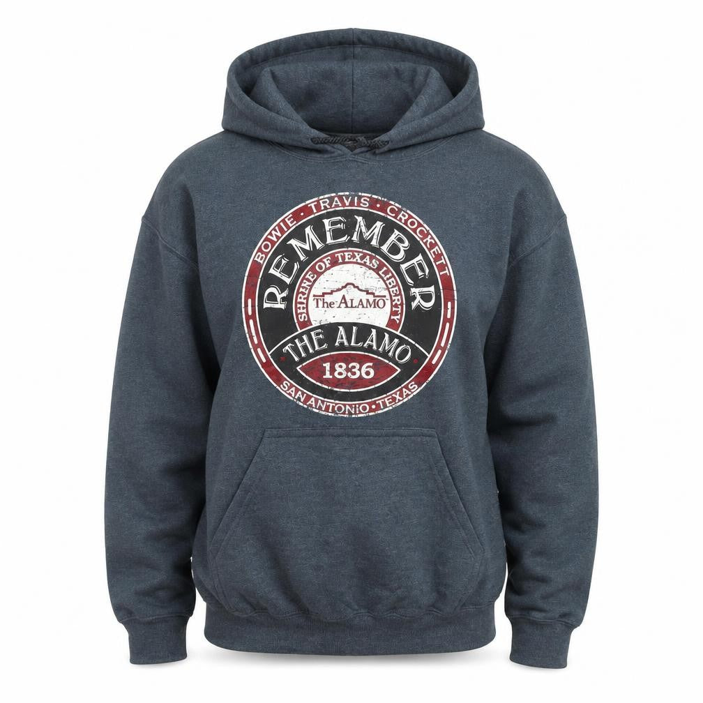 Front view of The Alamo Men’s Grey Pullover Hoodie S Graphic Fleece Sweatshirt