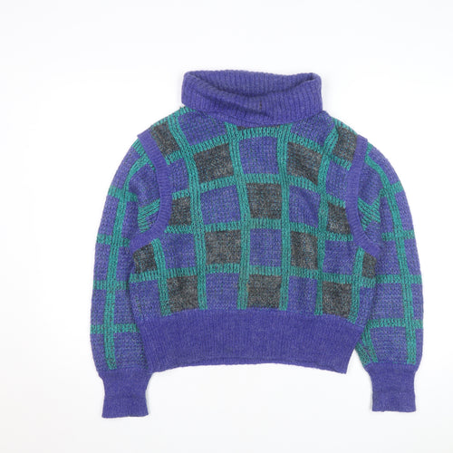 Umberto Vallati Men's Blue Check Mohair Wool Roll Neck Jumper L