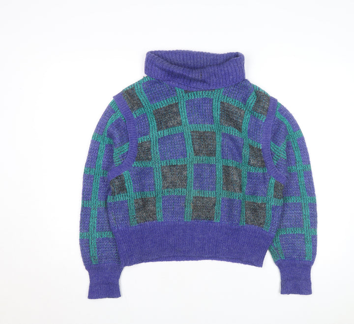 Umberto Vallati Men's Blue Check Mohair Wool Roll Neck Jumper L
