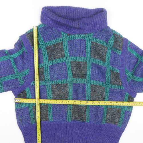 Umberto Vallati Men's Blue Check Mohair Wool Roll Neck Jumper L