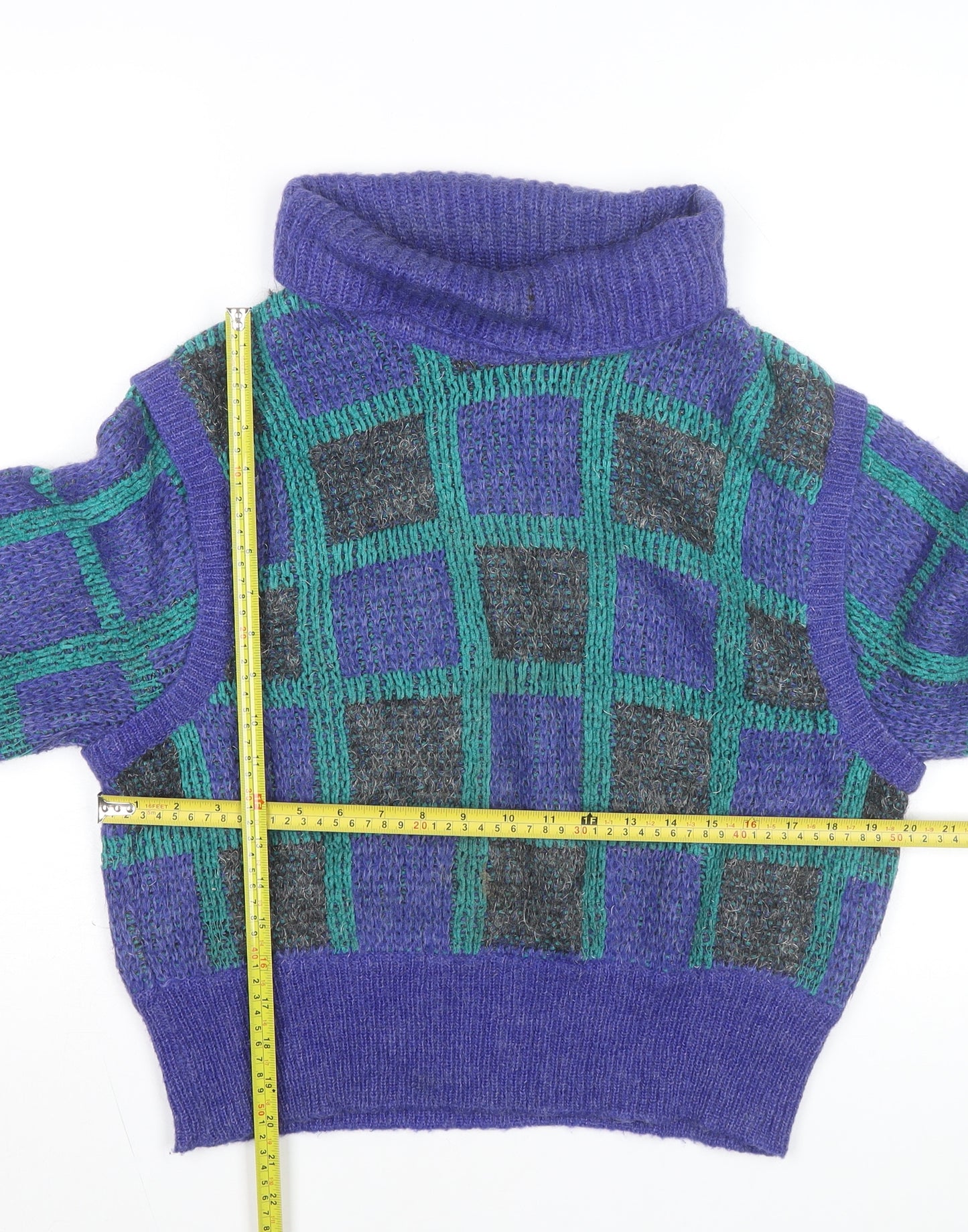 Umberto Vallati Men's Blue Check Mohair Wool Roll Neck Jumper L