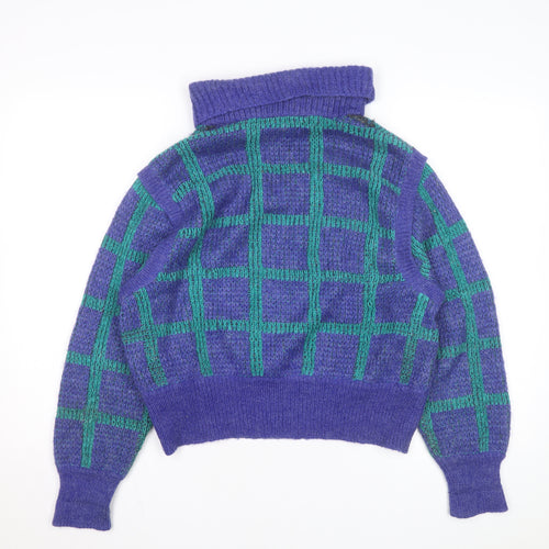 Umberto Vallati Men's Blue Check Mohair Wool Roll Neck Jumper L