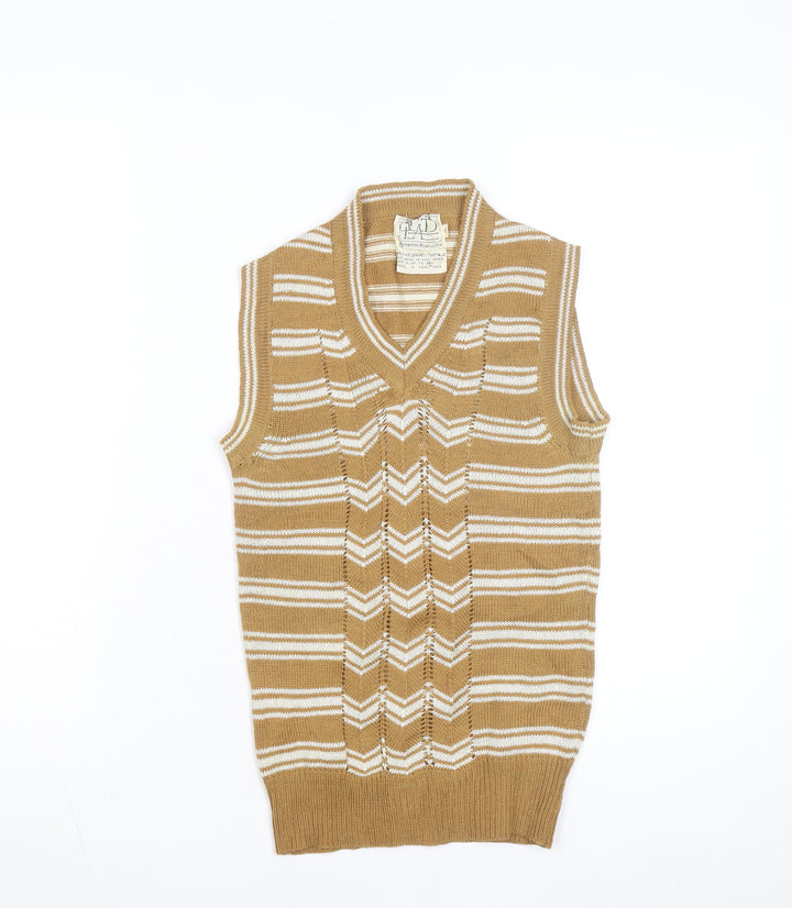 Trad Women's Beige Striped Wool Blend Sleeveless V-Neck Vest M