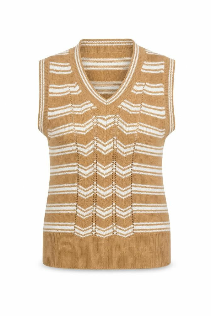 Front view of Trad Women's Beige Striped Wool Blend Sleeveless V-Neck Vest M