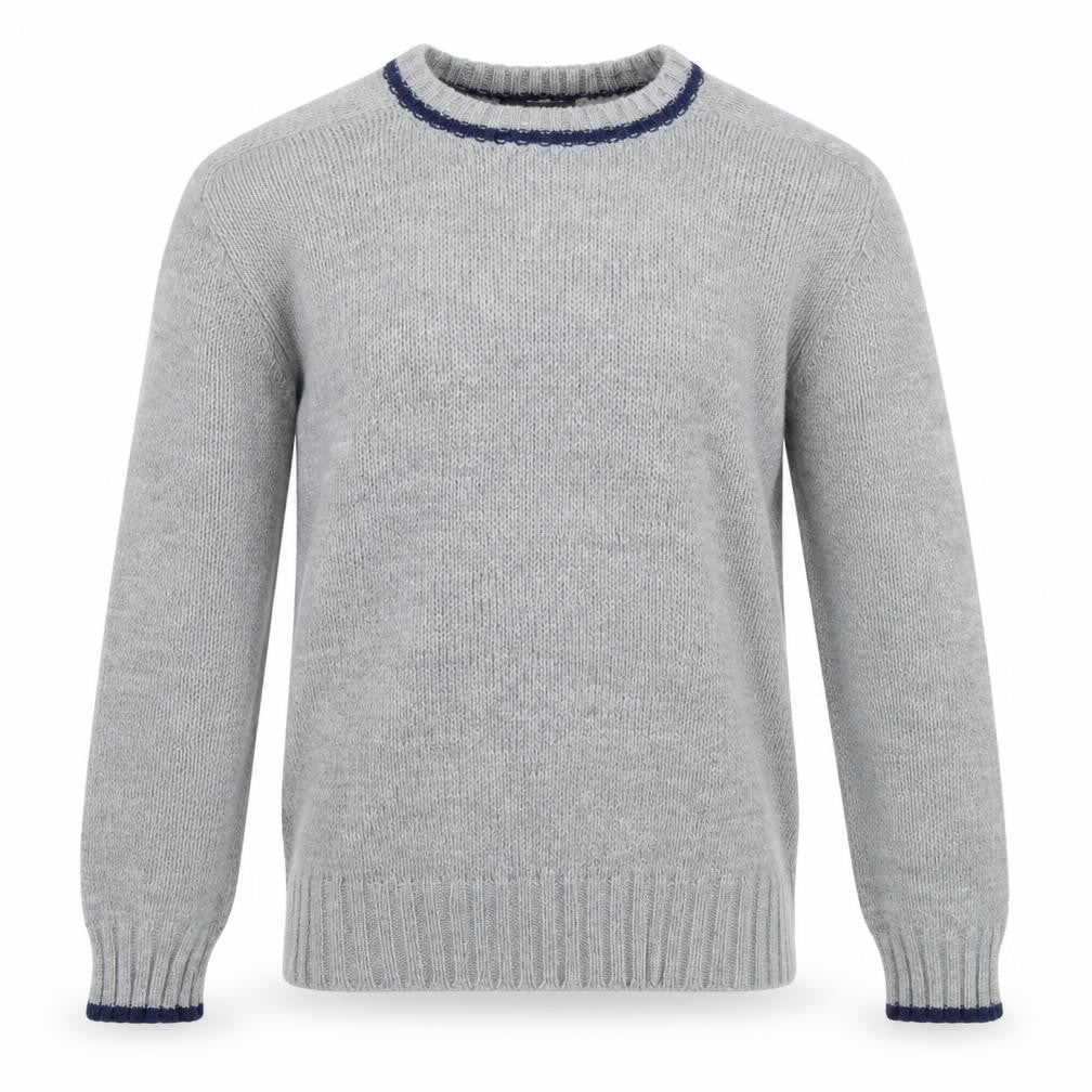 Front view of Winks Lane men’s grey acrylic crew neck jumper, size M