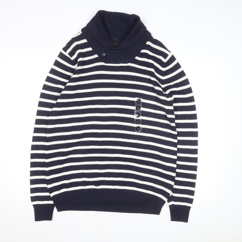 Greenwich Polo Club Men's Blue Striped Cotton Roll Neck Jumper L