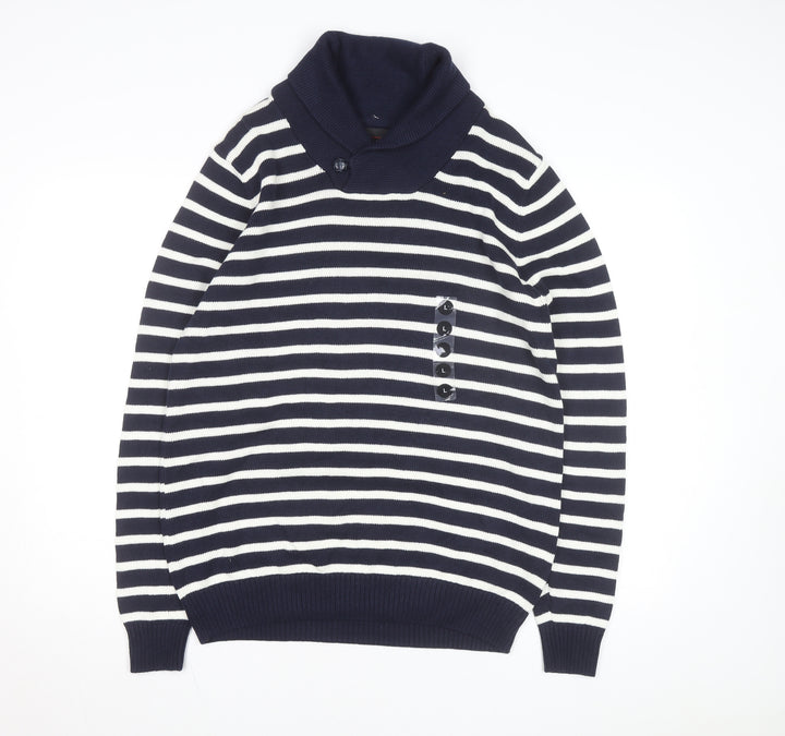 Greenwich Polo Club Men's Blue Striped Cotton Roll Neck Jumper L