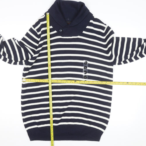 Greenwich Polo Club Men's Blue Striped Cotton Roll Neck Jumper L
