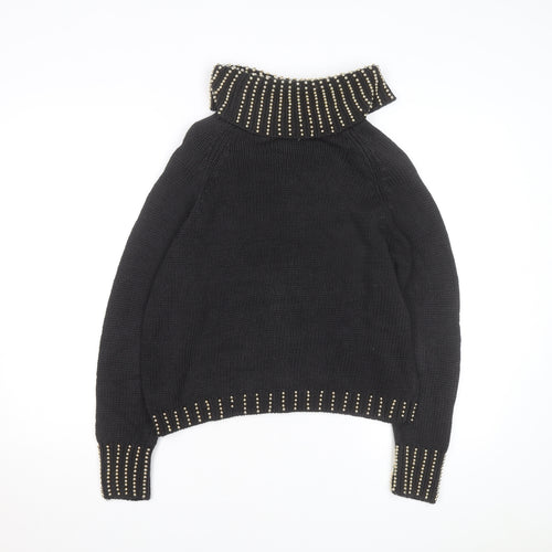 Donagain Women’s Black Beaded Roll Neck Chunky Knit Jumper Size M