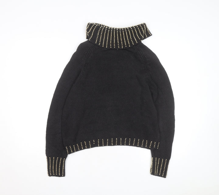 Donagain Women’s Black Beaded Roll Neck Chunky Knit Jumper Size M