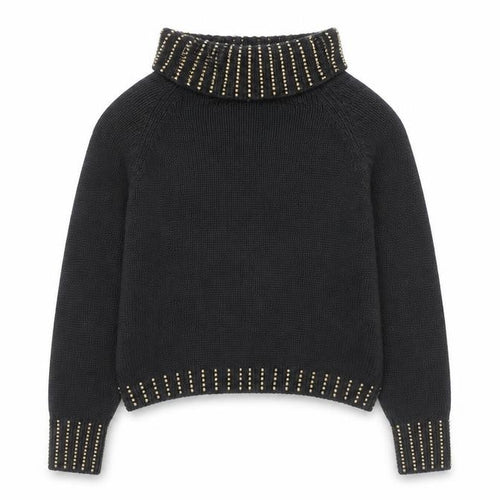Donagain Women’s Black Beaded Roll Neck Chunky Knit Jumper Size M