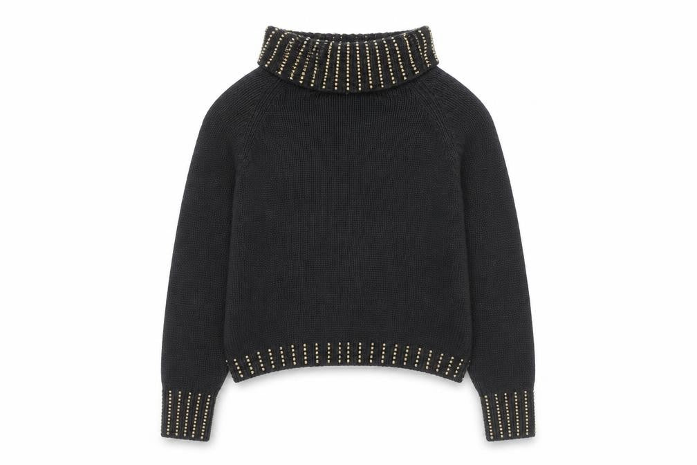 Donagain Women’s Black Beaded Roll Neck Chunky Knit Jumper Size M