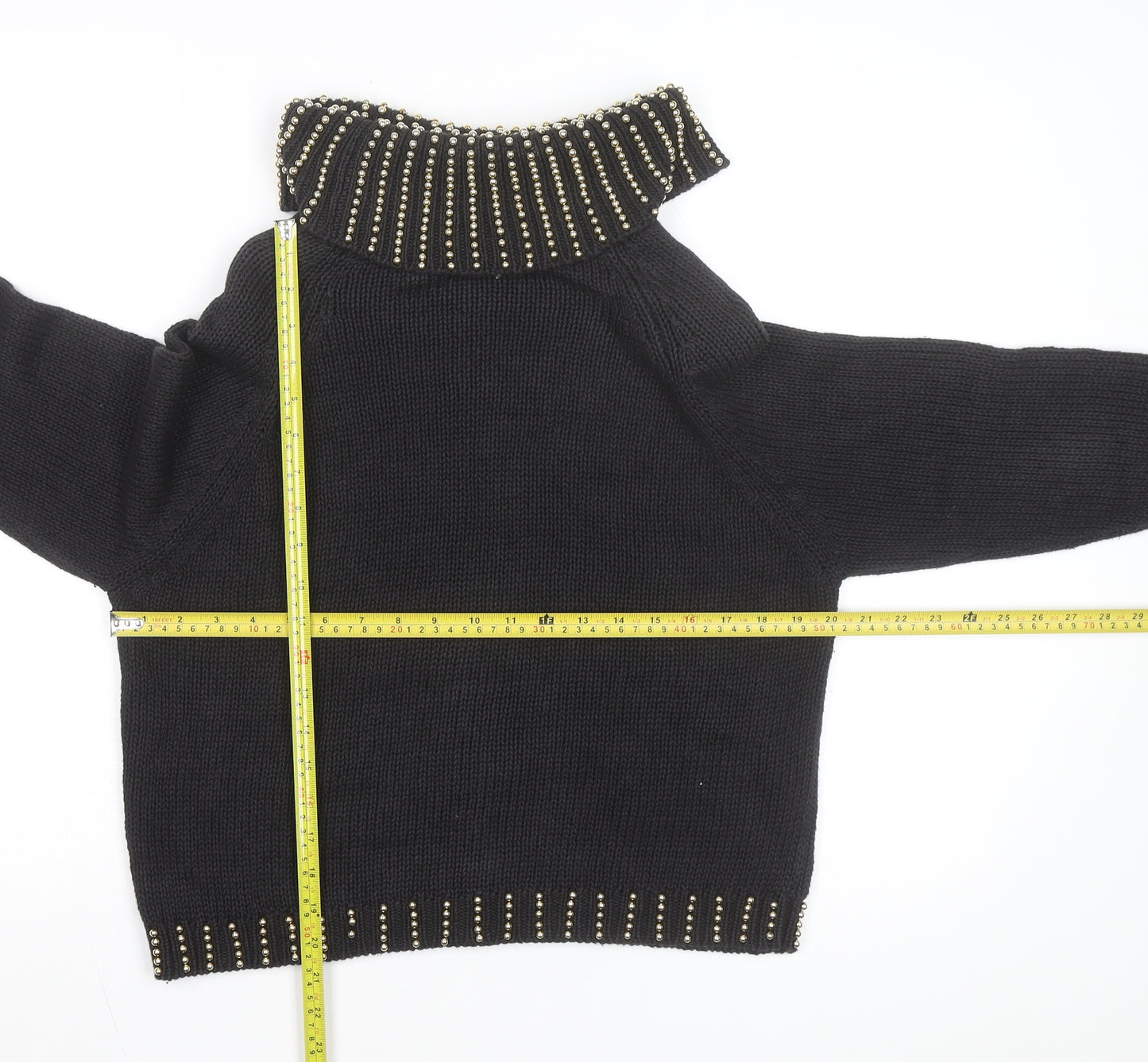 Donagain Women’s Black Beaded Roll Neck Chunky Knit Jumper Size M