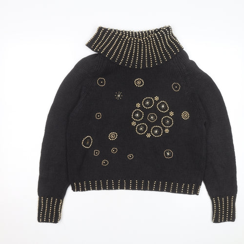 Donagain Women’s Black Beaded Roll Neck Chunky Knit Jumper Size M