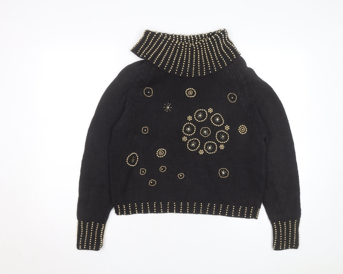 Donagain Women’s Black Beaded Roll Neck Chunky Knit Jumper Size M