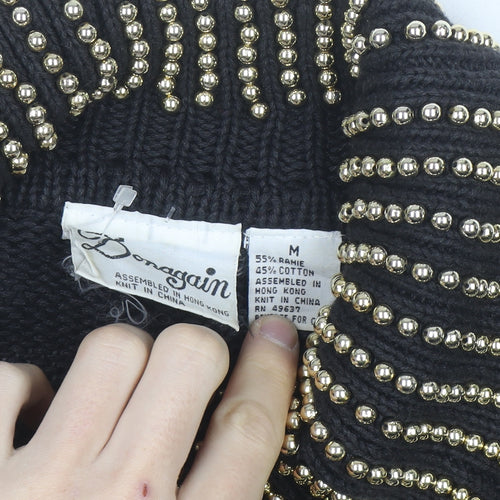 Donagain Women’s Black Beaded Roll Neck Chunky Knit Jumper Size M
