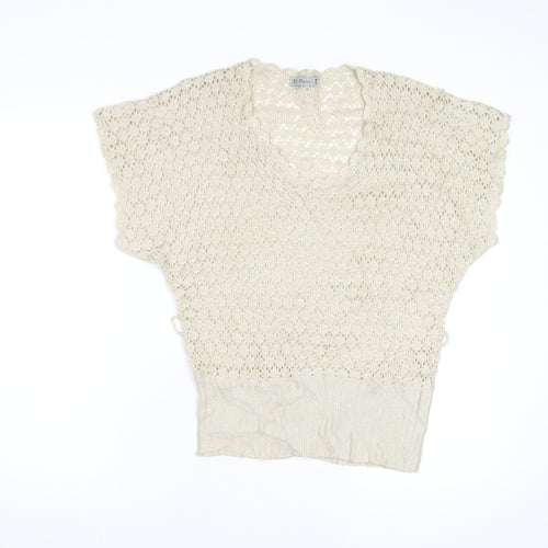 De Paris Women's Beige Open-Knit Wool Blend Short Sleeve Jumper S