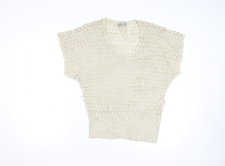 De Paris Women's Beige Open-Knit Wool Blend Short Sleeve Jumper S