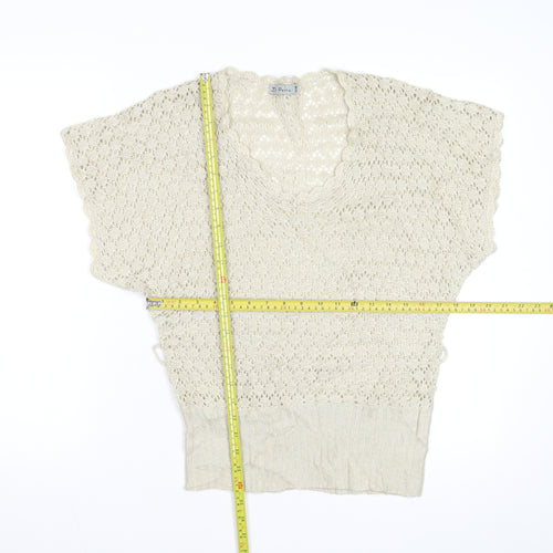 De Paris Women's Beige Open-Knit Wool Blend Short Sleeve Jumper S